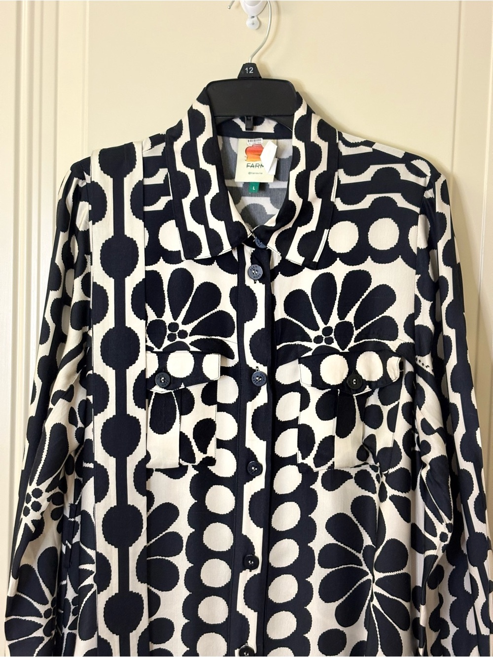 FARM RIO PALERMO Black Ivory Printed Shirt Dress / Belt Tie Waist SZ L EUC $260 - Picture 6 of 16